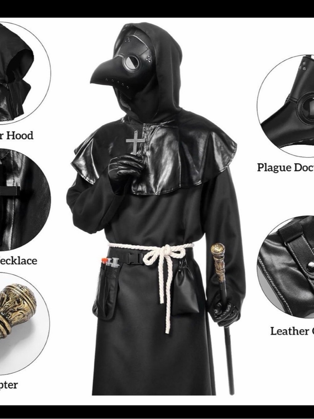 Black Plague Doctor Costume with all accessories shown (men’s large)
